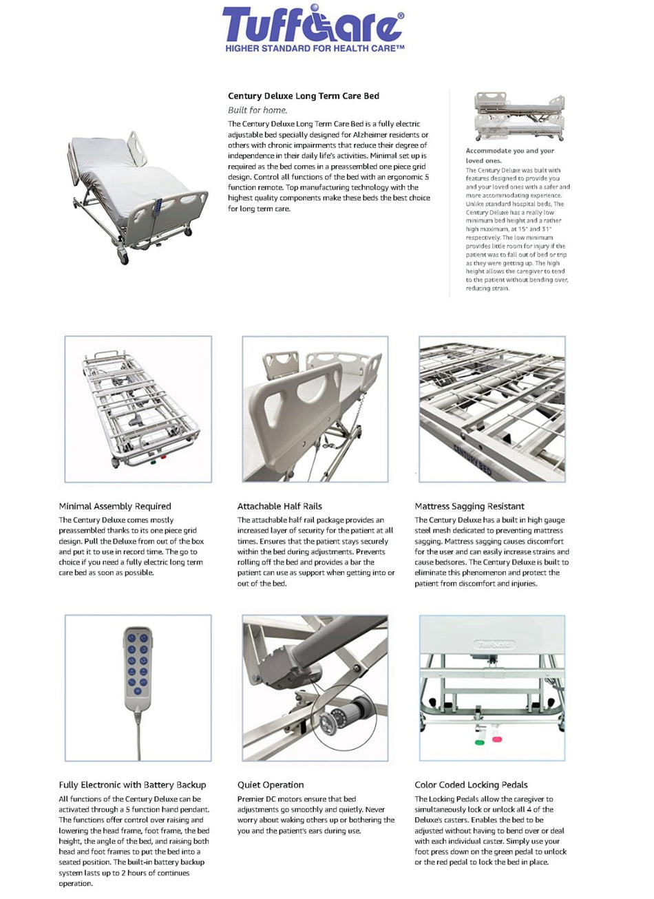 Feature overview of the Century Deluxe Long Term Care Bed highlighting construction quality, electronics, and folding parts. 