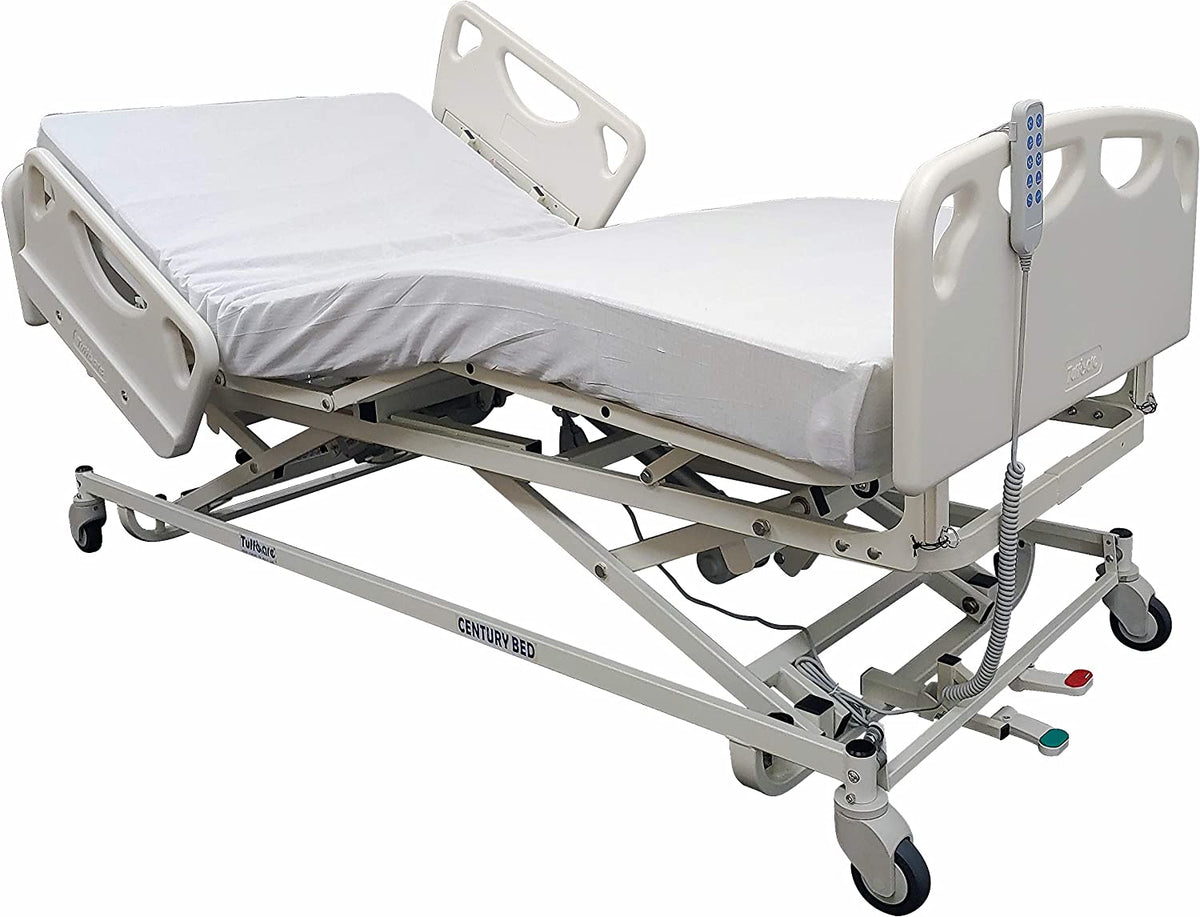 Electric adjustable long term care bed with white frame and white padding, equipped with head and footboards and locking swivel casters.