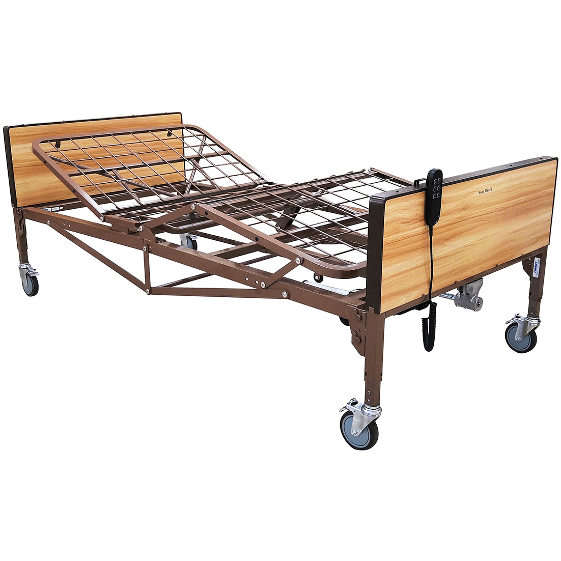 Fully electric, bariatric home care bed with head and foot frames and locking swivel casters