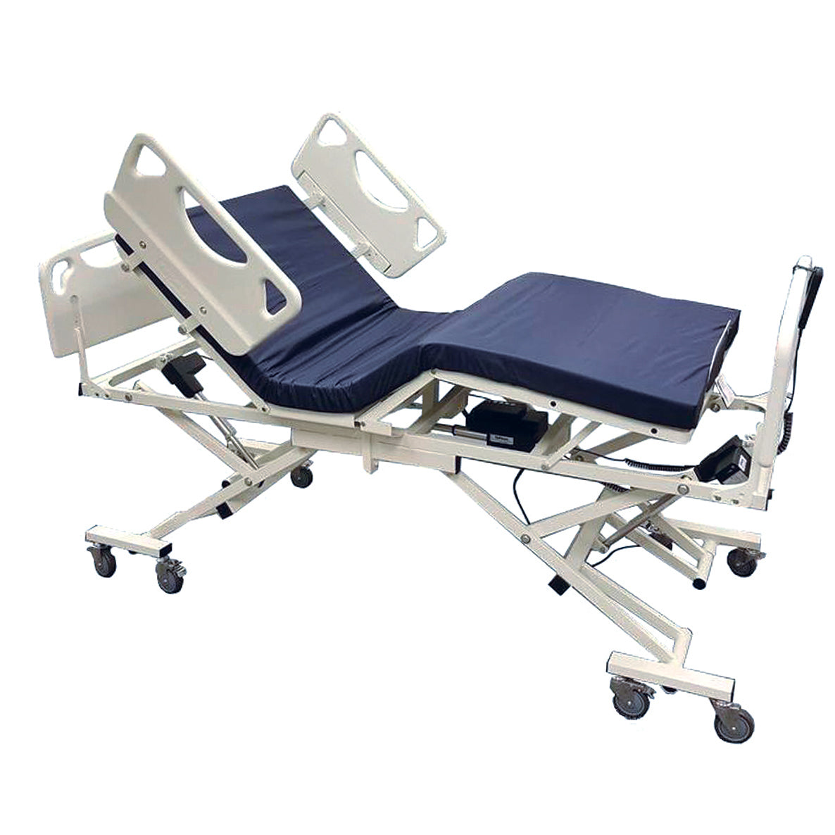 Electric adjustable long term care bed with white frame and blue padding, equipped with locking swivel casters.