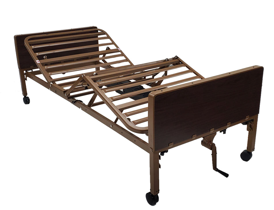 Semi-electric hospital bed with a brown semi-gloss frame and walnut grain head and foot boards.