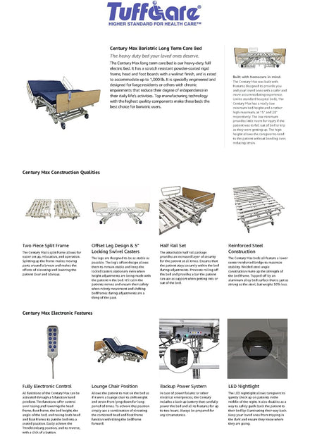 Feature overview of the Tuffcare Century Max Bariatric Bed, highlighting construction quality and electronic features.