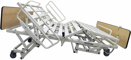 Bariatric long term care, fully electric bedframe, equipped with side rails and a remote control.
