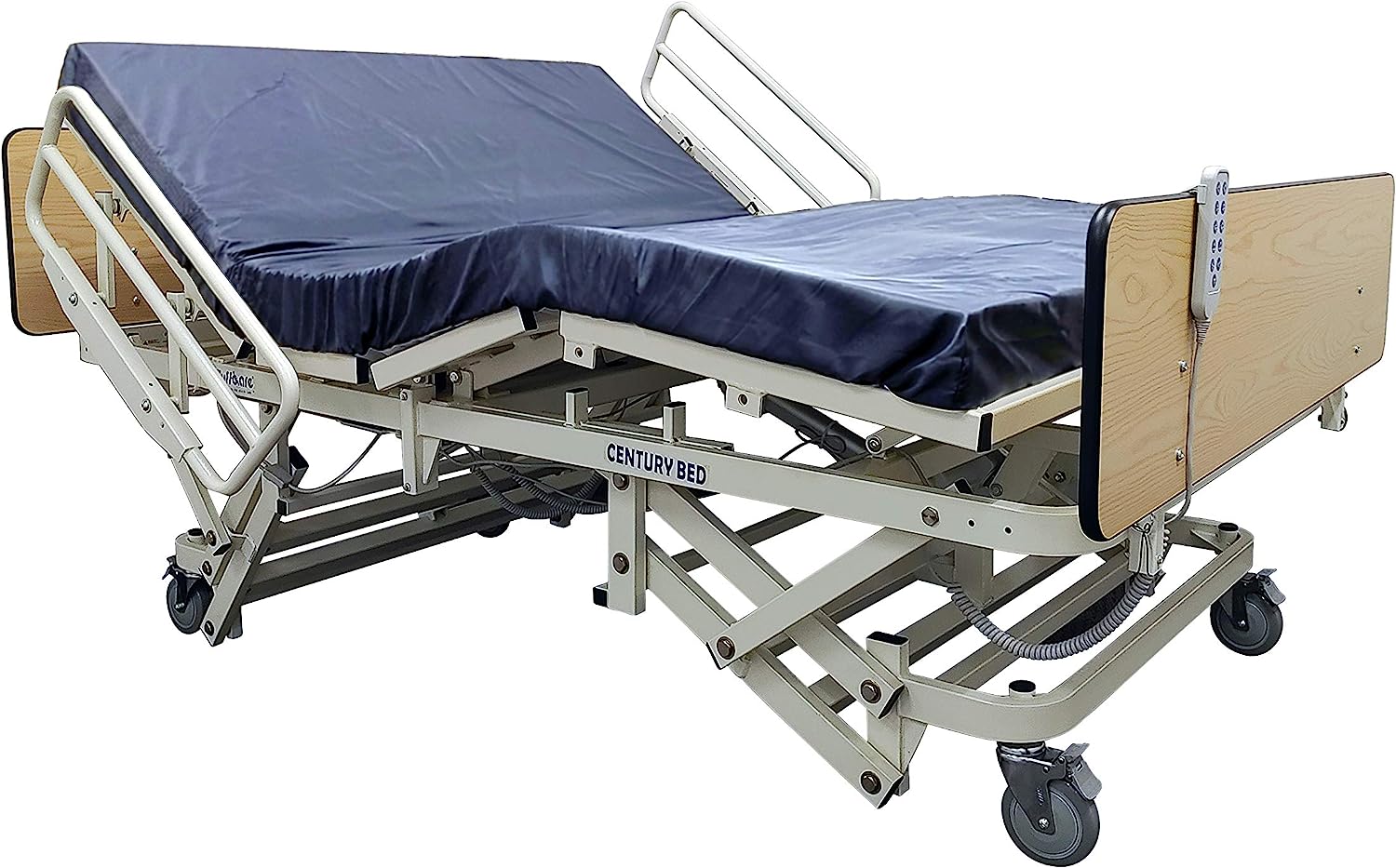 Bariatric long term care bed with a dark blue mattress frame and beige or oak finish bed end boards, equipped with side rails and a remote control.