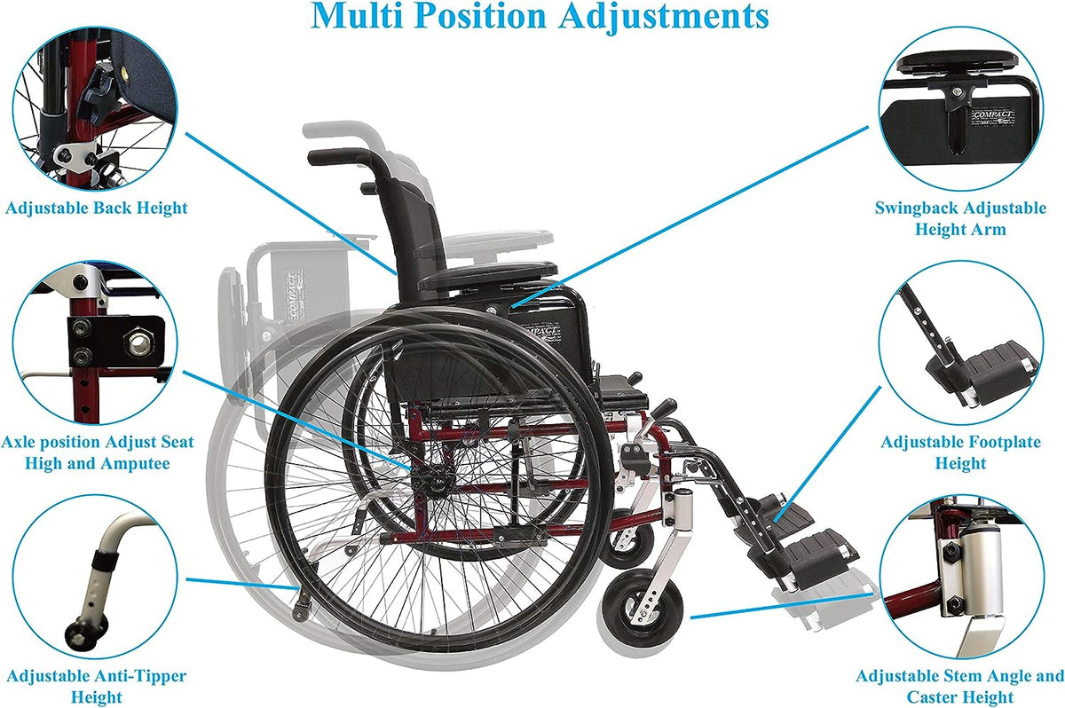 Diagram of lightweight manual wheelchair showing six multi-position adjustment points
