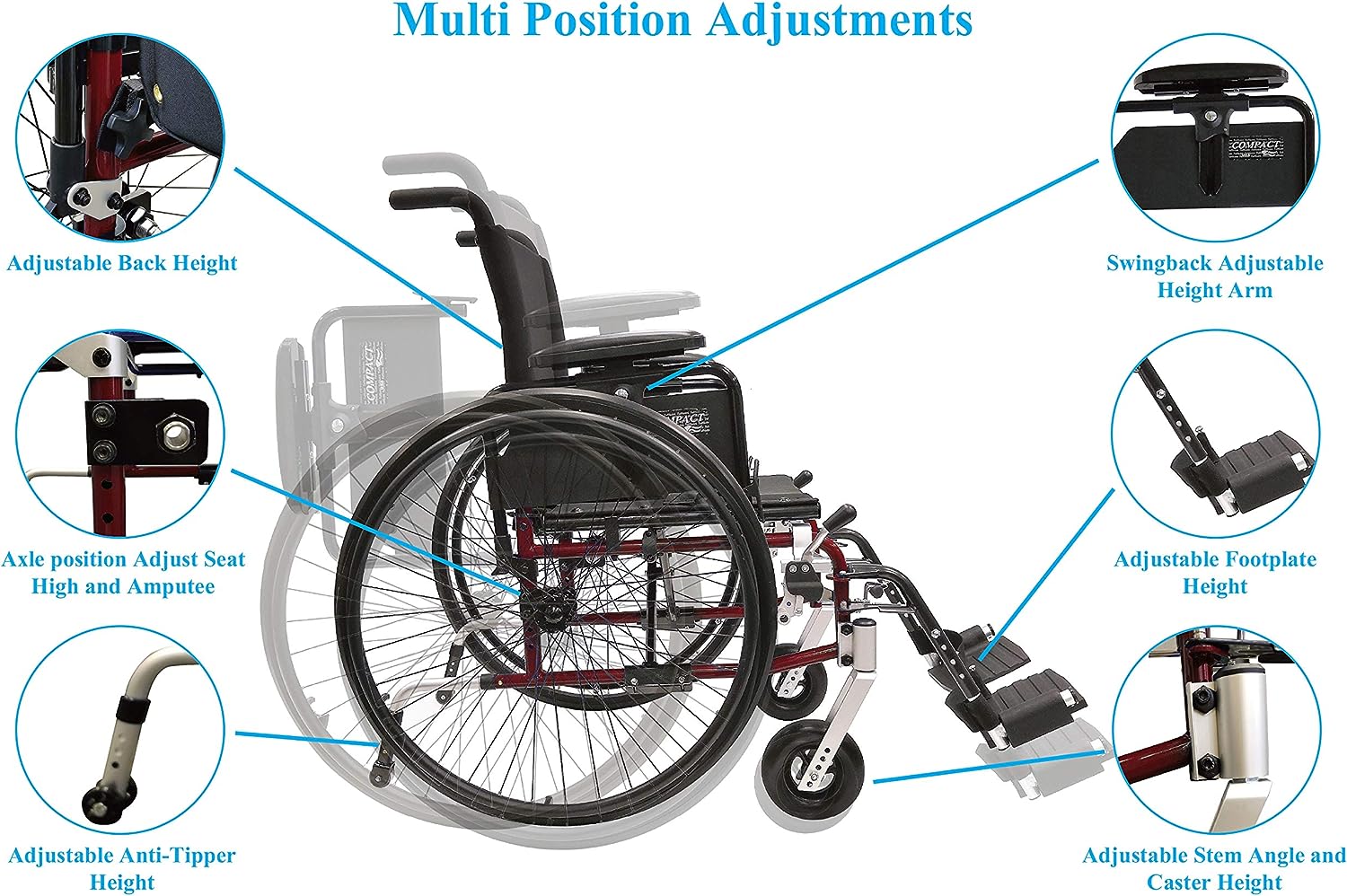 Diagram of lightweight manual wheelchair showing six multi-position adjustment points