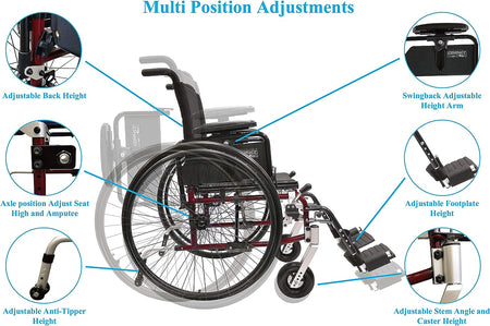 Diagram of lightweight manual wheelchair showing six multi-position adjustment points