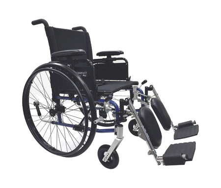 Compact lightweight manual wheelchair with black upholstery, detachable footrests with calf support, and blue frame
