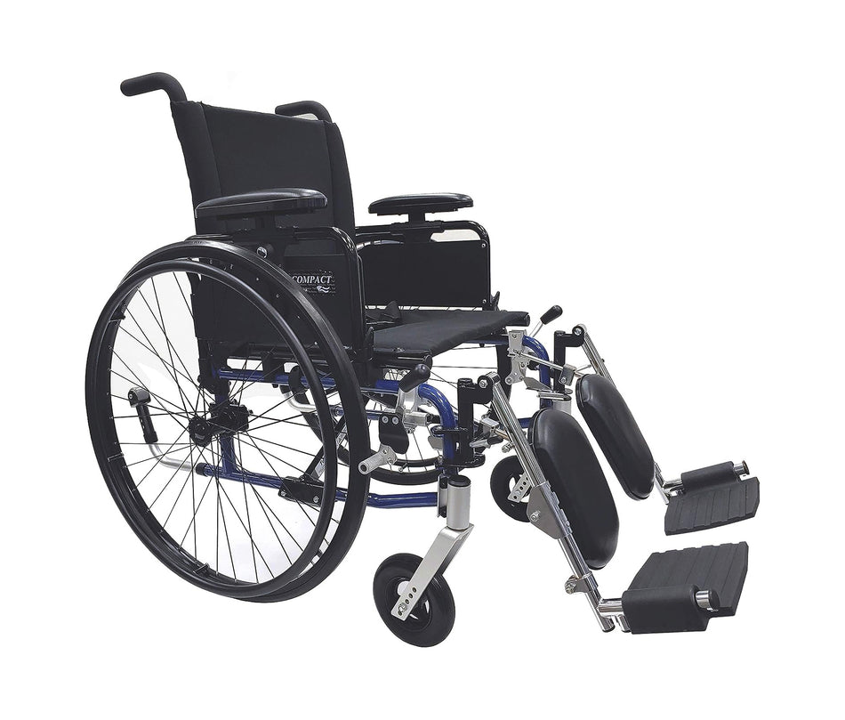 Compact lightweight manual wheelchair with black upholstery, detachable footrests with calf support, and blue frame