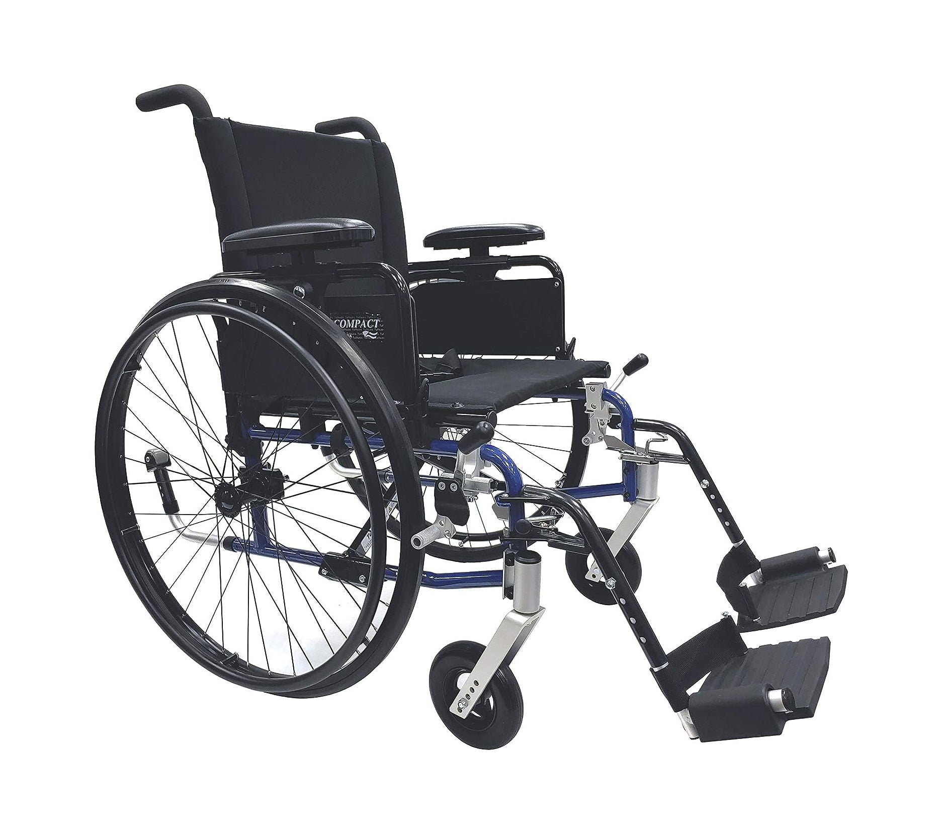 Compact lightweight manual wheelchair with black upholstery, detachable footrests, and blue frame