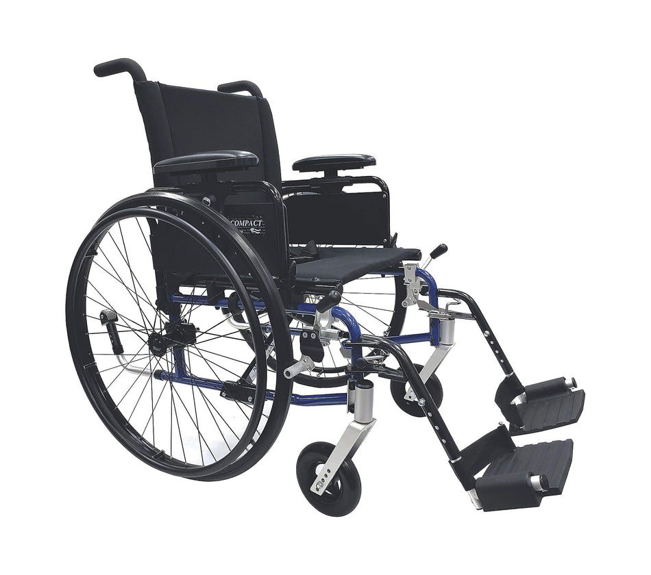 Compact lightweight manual wheelchair with black upholstery, detachable footrests, and blue frame