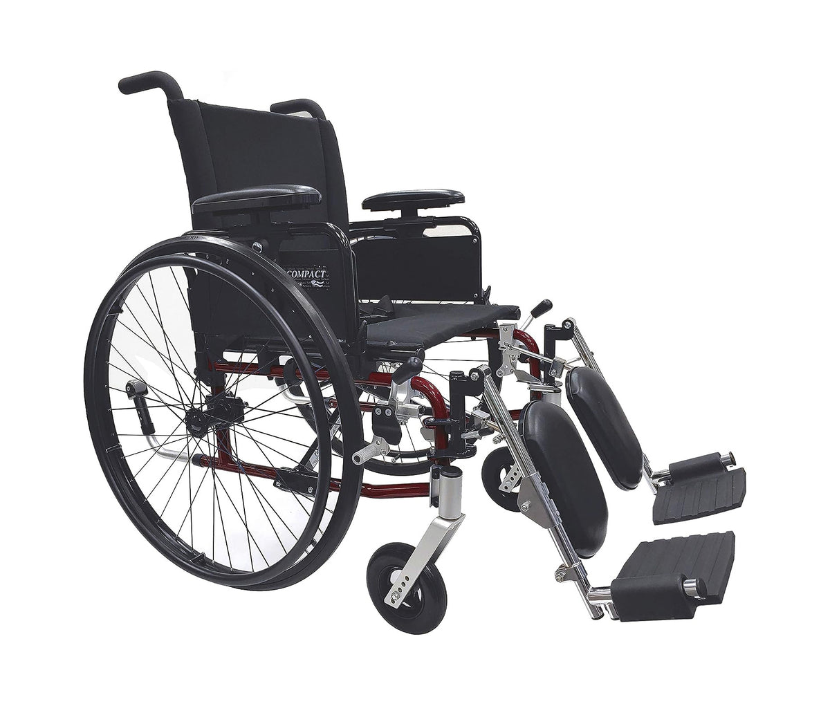 Compact lightweight manual wheelchair with black upholstery, detachable footrests with calf support, and red frame