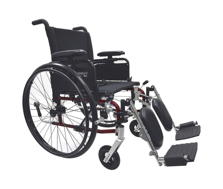 Compact lightweight manual wheelchair with black upholstery, detachable footrests with calf support, and red frame