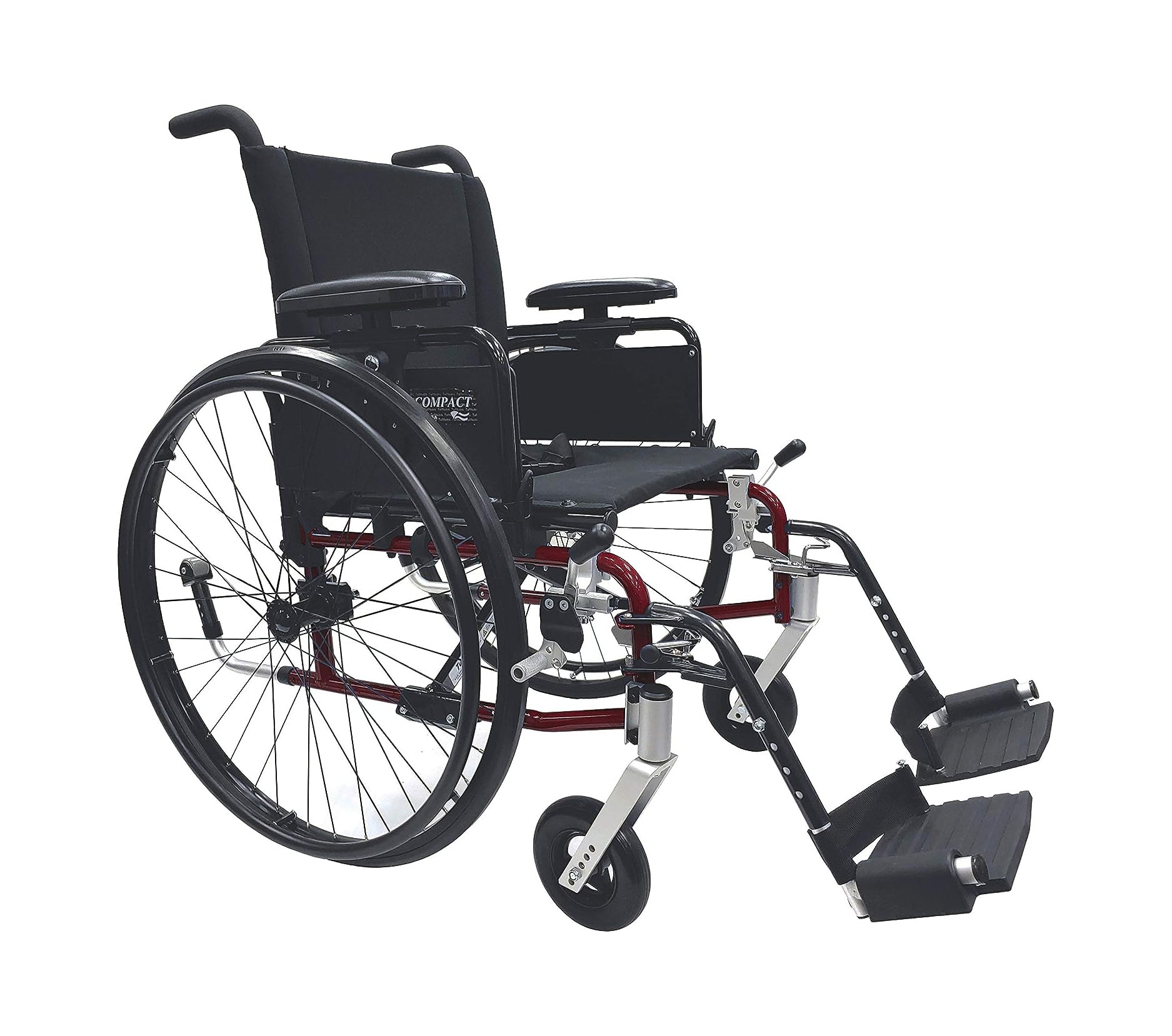Compact lightweight manual wheelchair with black upholstery, detachable footrests, and red frame