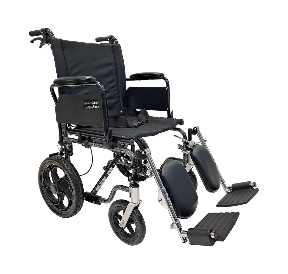 Compact travel-lite wheelchair with large rear wheels, swing-away armrests, and legrests with calf supports.