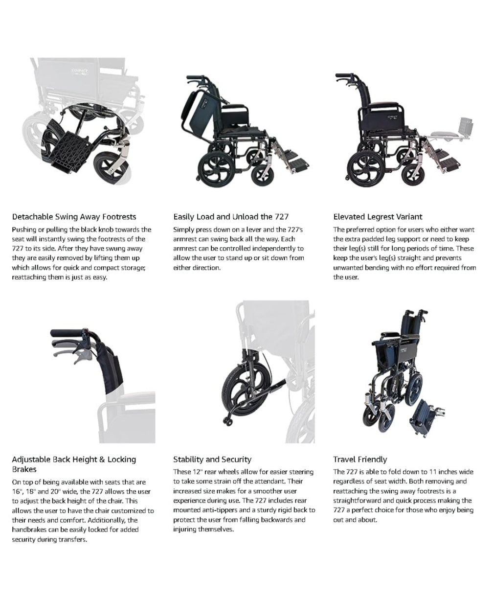 Grid detailing six key features of the compact 727 wheelchair, including footrests, brakes, wheels, and folding design.