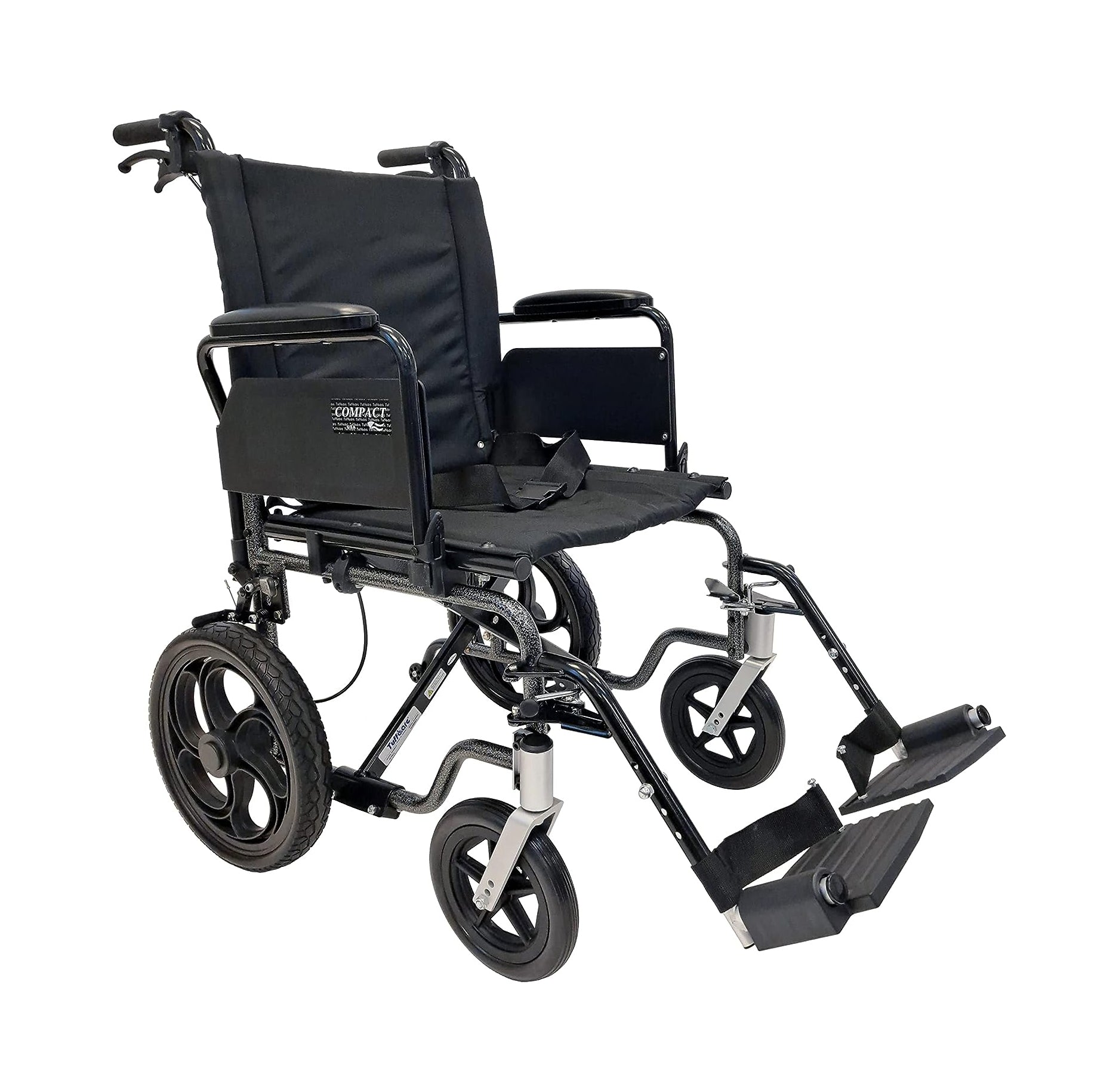Compact travel-lite wheelchair with large rear wheels, swing-away armrests, and legrests.