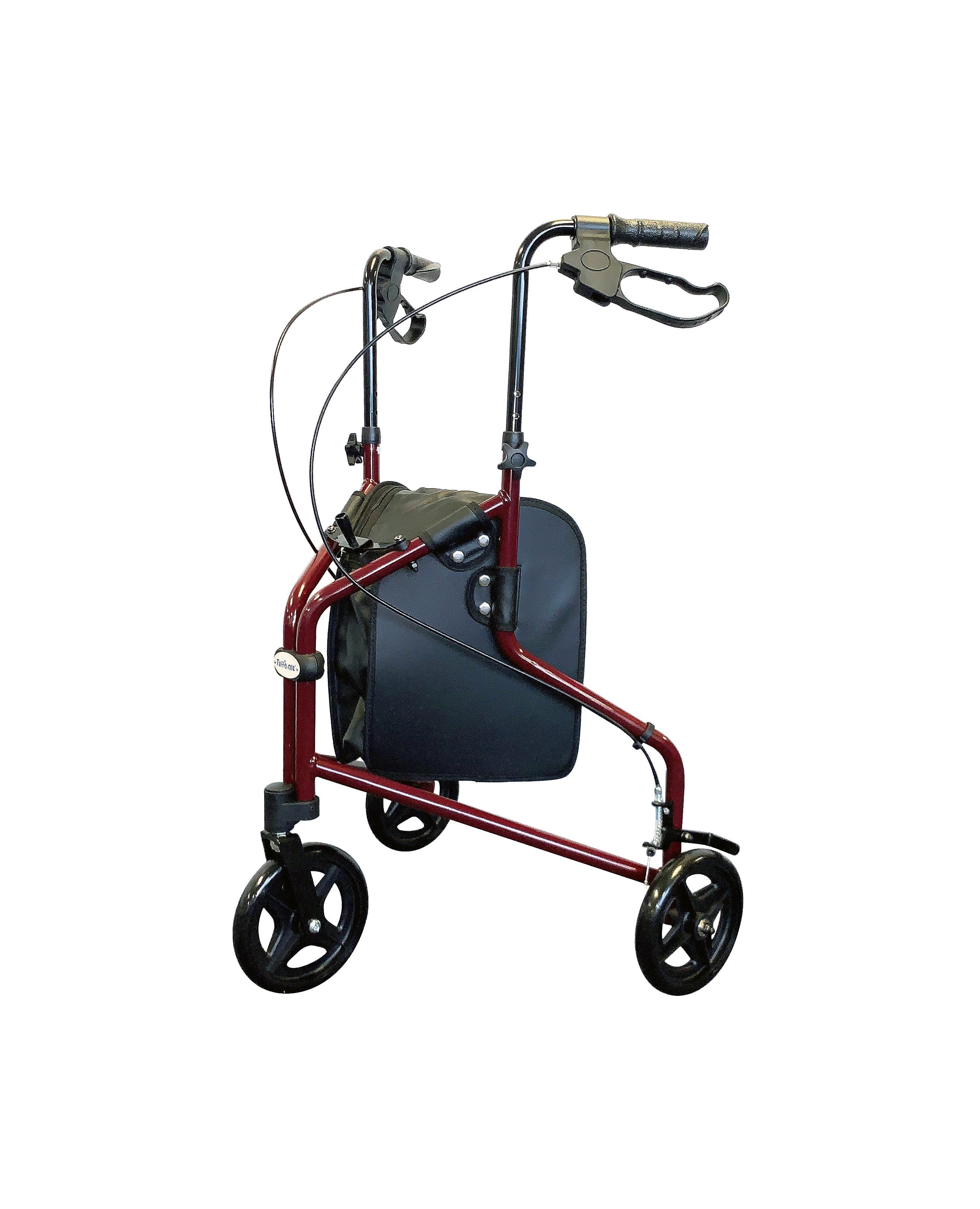 Lightweight three-wheeled walker with a retractable red frame, adjustable handles, and storage pouch.