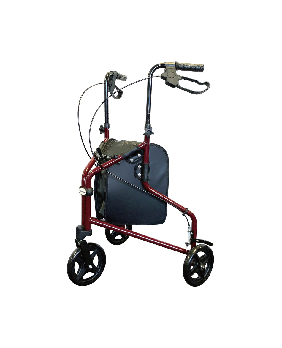 Lightweight three-wheeled walker with a retractable red frame, adjustable handles, and storage pouch.