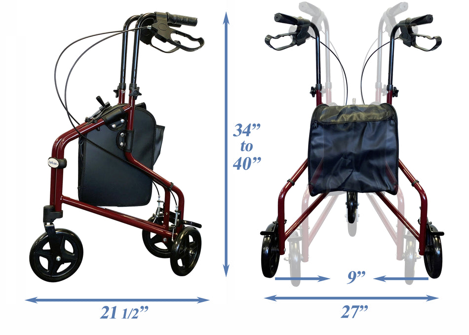 Technical Diagram of Tuffcare Freedom Aluminum 3 Wheel Walker. Width of 21.5 inches. Adjustable height of 34 to 40 inches. Able to be folded down to a width of 9 inches.