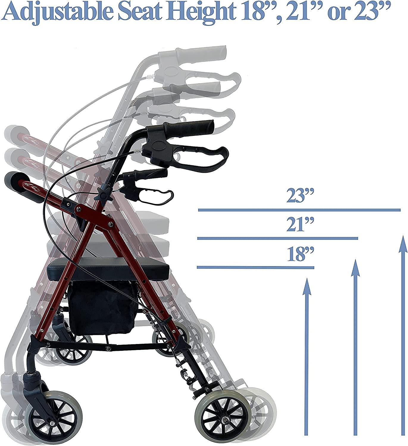 Technical diagram of Tuffcare Freedom rollator demonstrating adjustable seat to 18,21 or 23 inches.