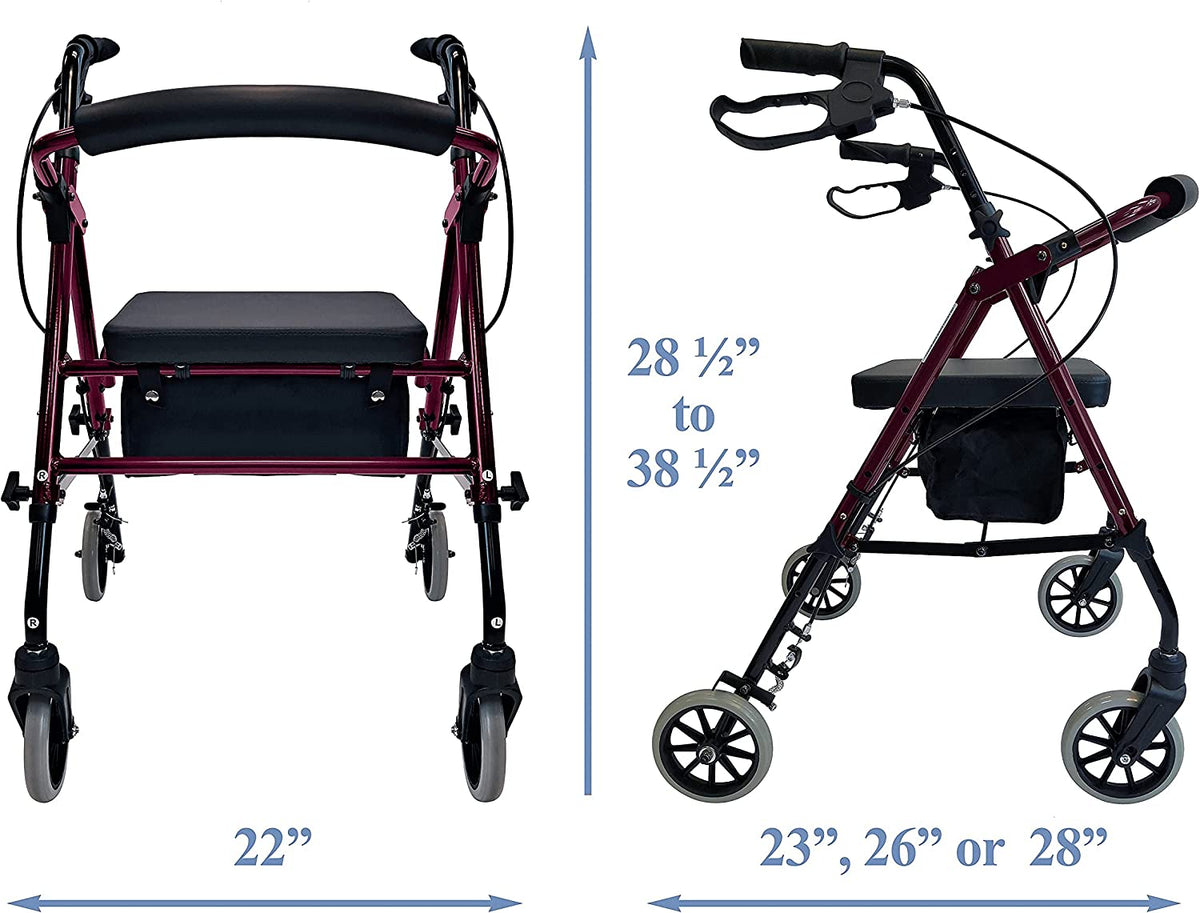 Dimension chart for Tuffcare Freedom rollator showing height range of 28.5 to 38.5 inches and widths of 22 to 28 inches.