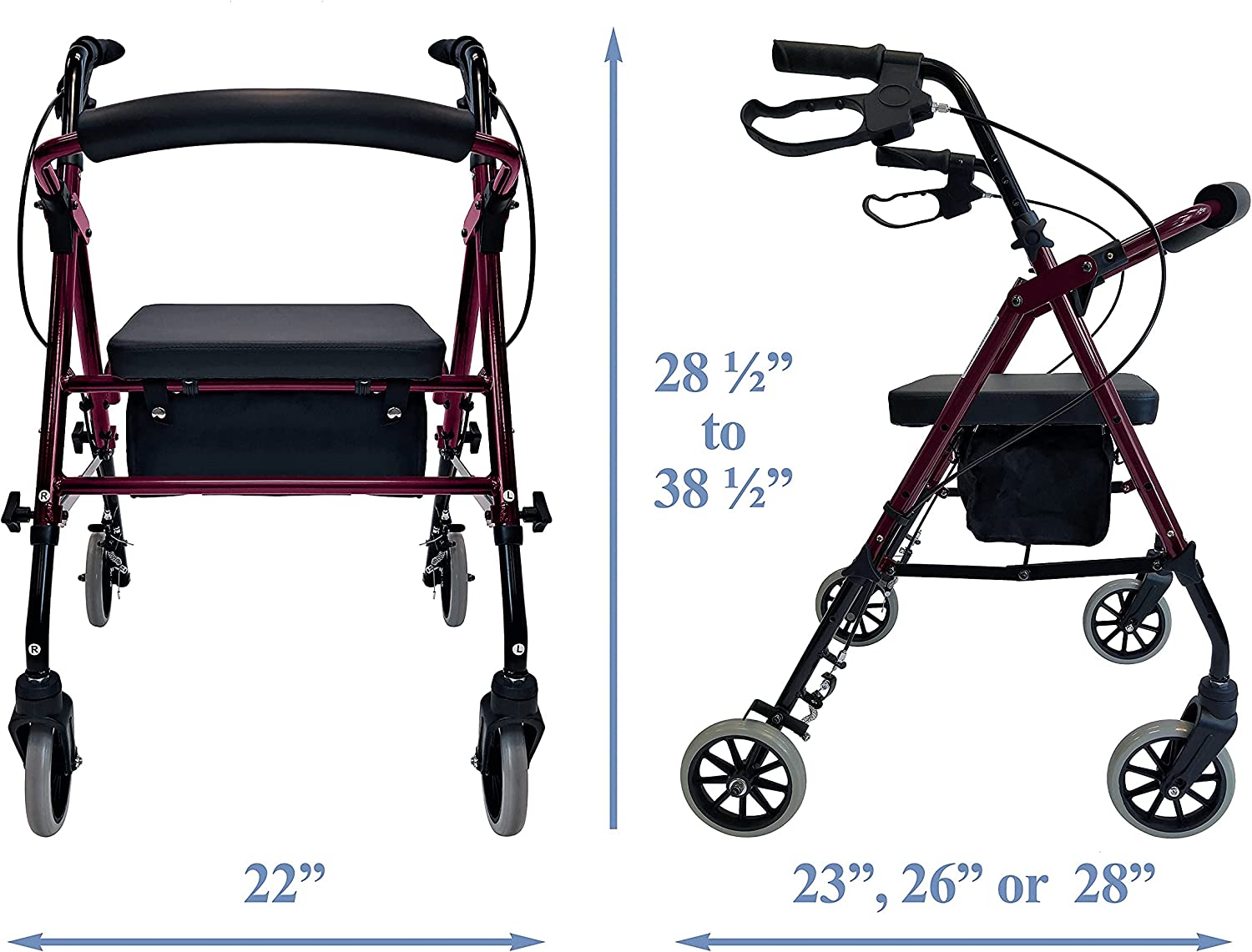 Dimension chart for Tuffcare Freedom rollator showing height range of 28.5 to 38.5 inches and widths of 22 to 28 inches.