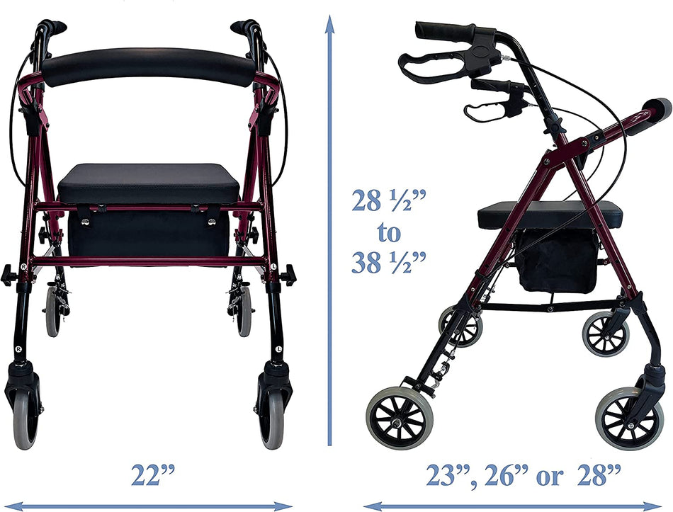 Dimension chart for Tuffcare Freedom rollator showing height range of 28.5 to 38.5 inches and widths of 22 to 28 inches.