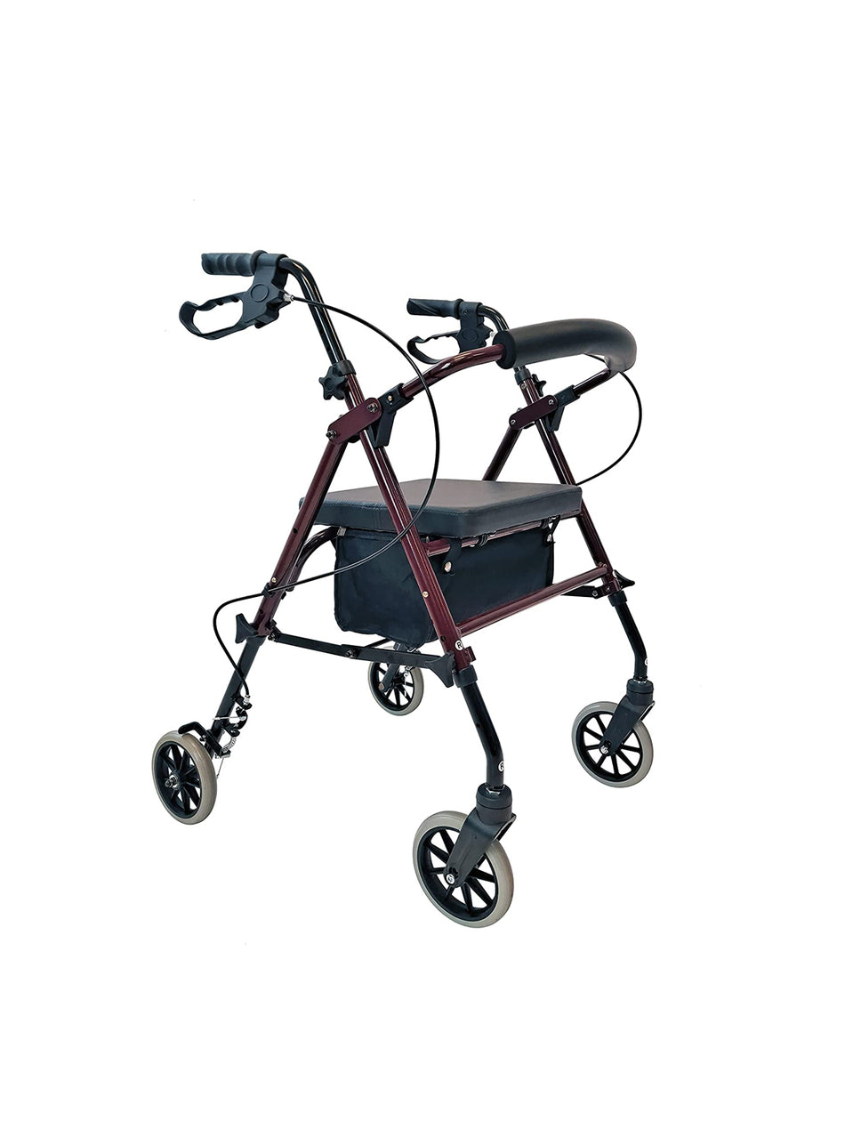 Tuffcare Freedom red lightweight folding rollator walker with 6-inch wheels and padded seat.