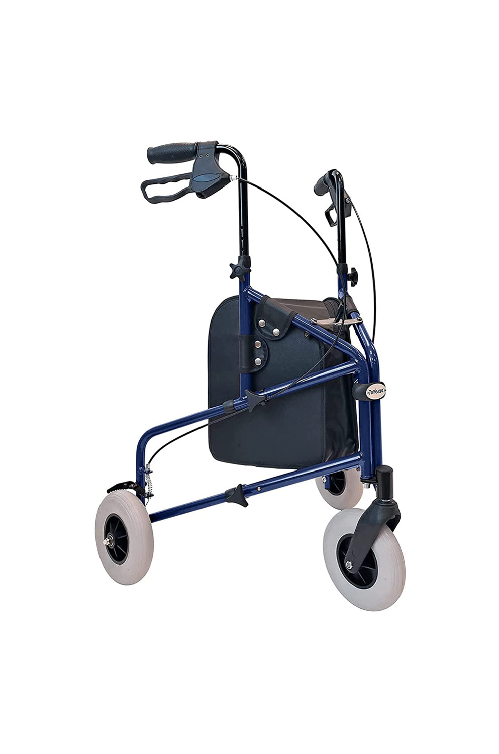 Three-wheeled walker with a retractable blue frame, adjustable handles, and storage pouch.