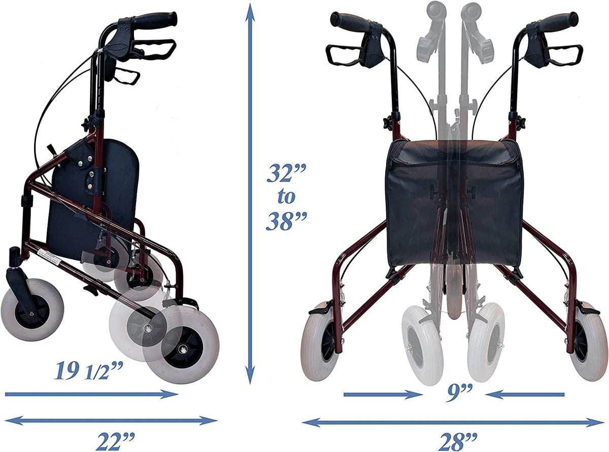 Technical Diagram of Tuffcare Freedom 3 Wheel Walker. Adjustable wheel base from 19.5 to 22 inches. Adjustable height of 32 to 38 inches. Able to be folded down to a width of 9 inches.