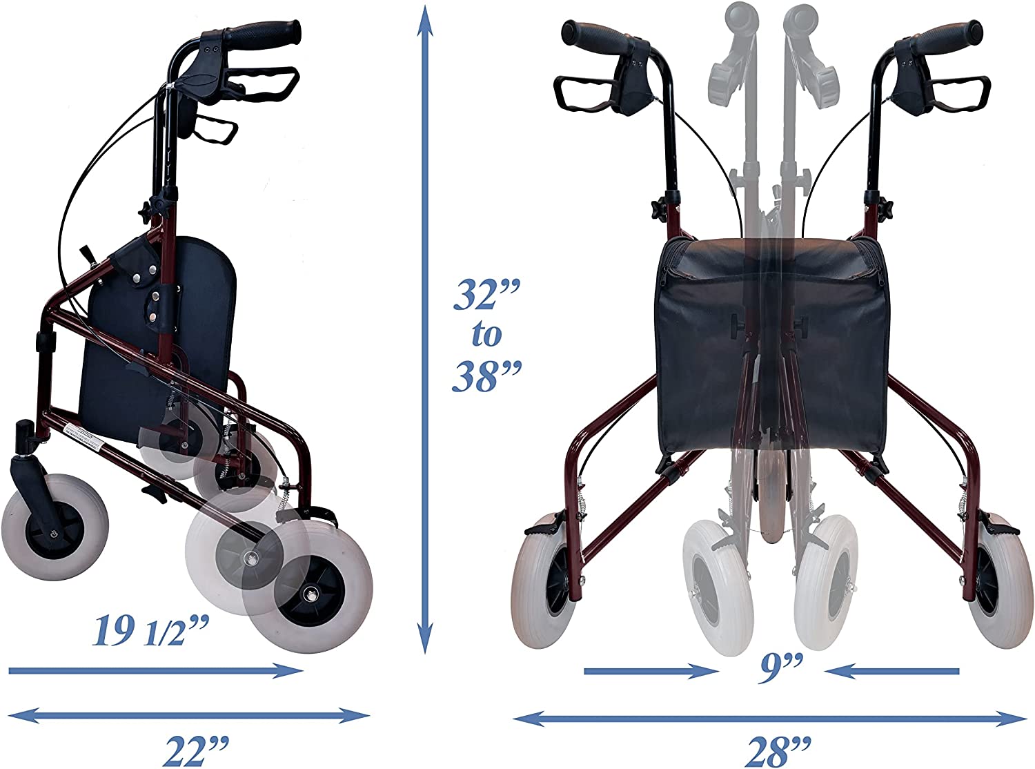 Technical Diagram of Tuffcare Freedom 3 Wheel Walker. Adjustable wheel base from 19.5 to 22 inches. Adjustable height of 32 to 38 inches. Able to be folded down to a width of 9 inches.