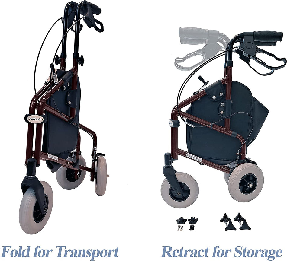 Diagram showing Tuffcare retractable 3 Wheel Walker folded for transport, or retracted for storage.