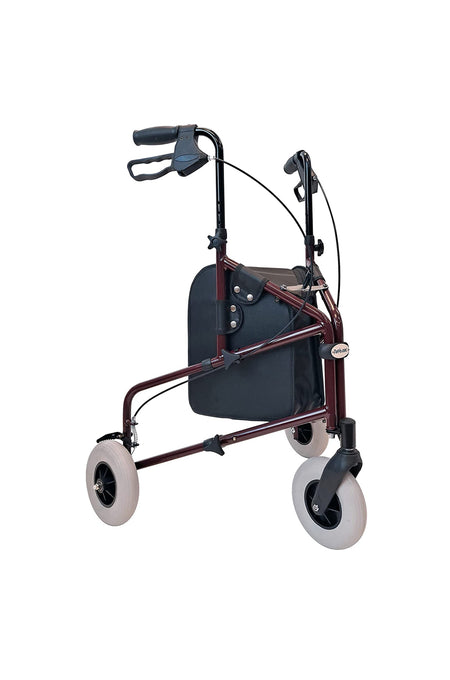 Three-wheeled walker with a retractable red frame, adjustable handles, and storage pouch.