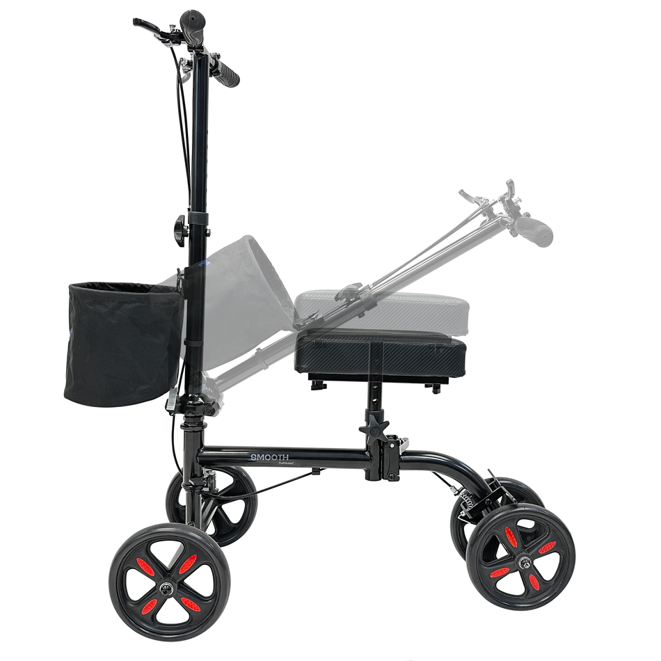 Tuffcare black steerable knee walker scooter adjustable and foldable handle and seat.
