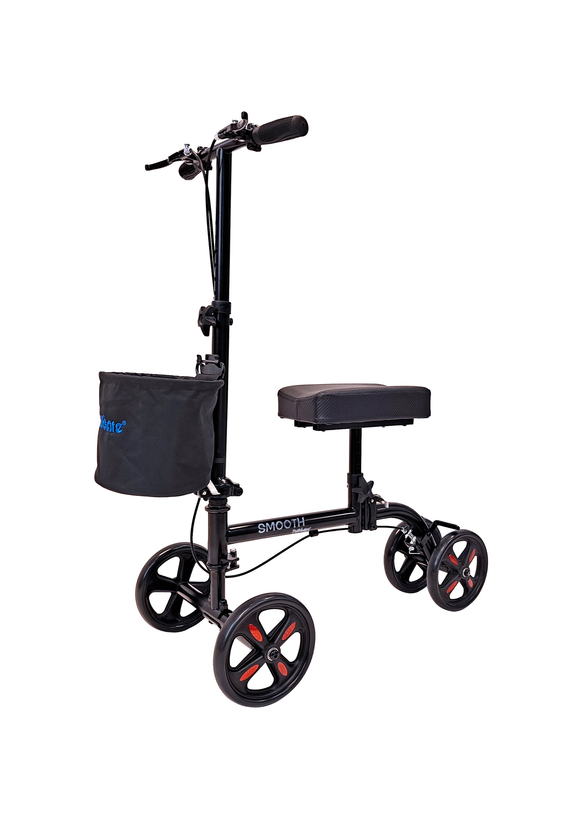 Tuffcare black steerable knee walker scooter with dual brakes and adjustable contoured knee platform, crutch alternative.