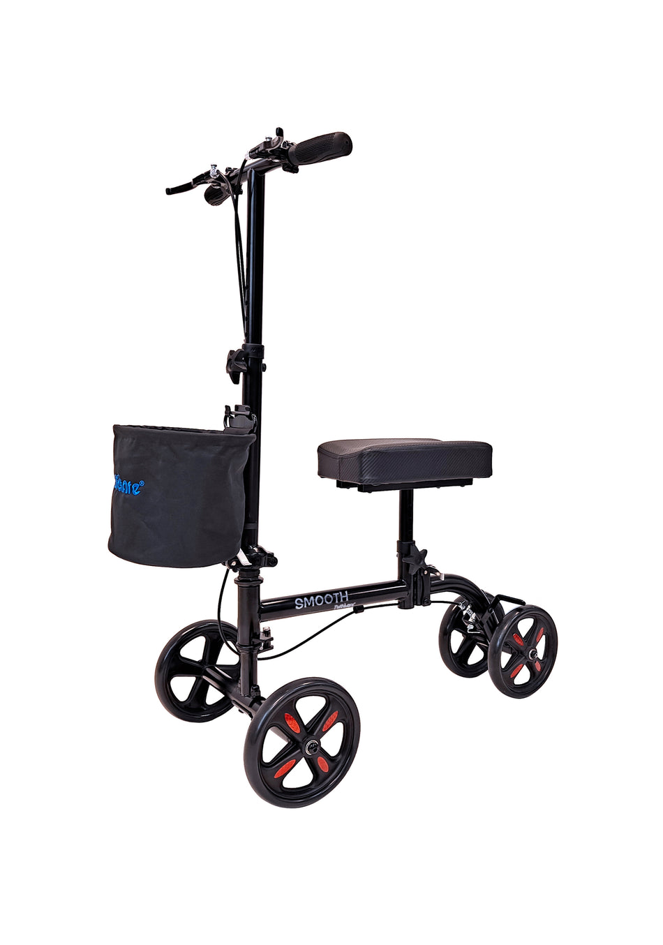 Tuffcare black steerable knee walker scooter with dual brakes and adjustable contoured knee platform, crutch alternative.