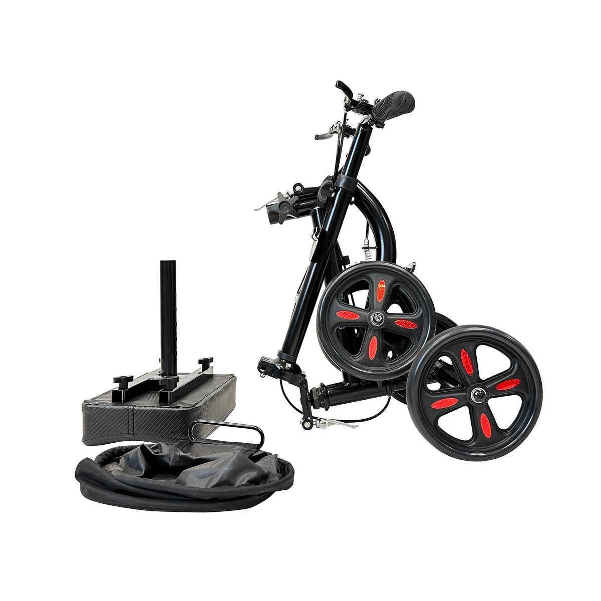 Tuffcare black steerable knee walker scooter fully folded to allow easy transportation.