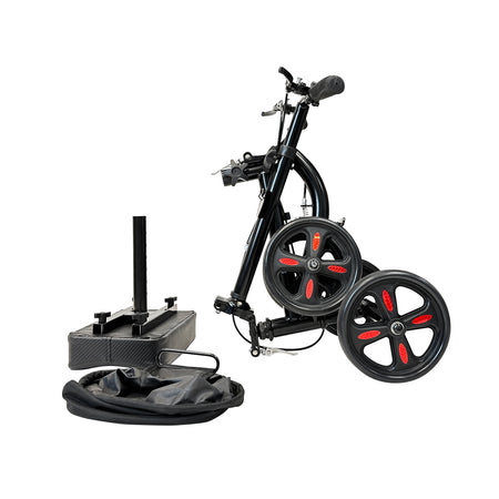 Tuffcare black steerable knee walker scooter fully folded to allow easy transportation.