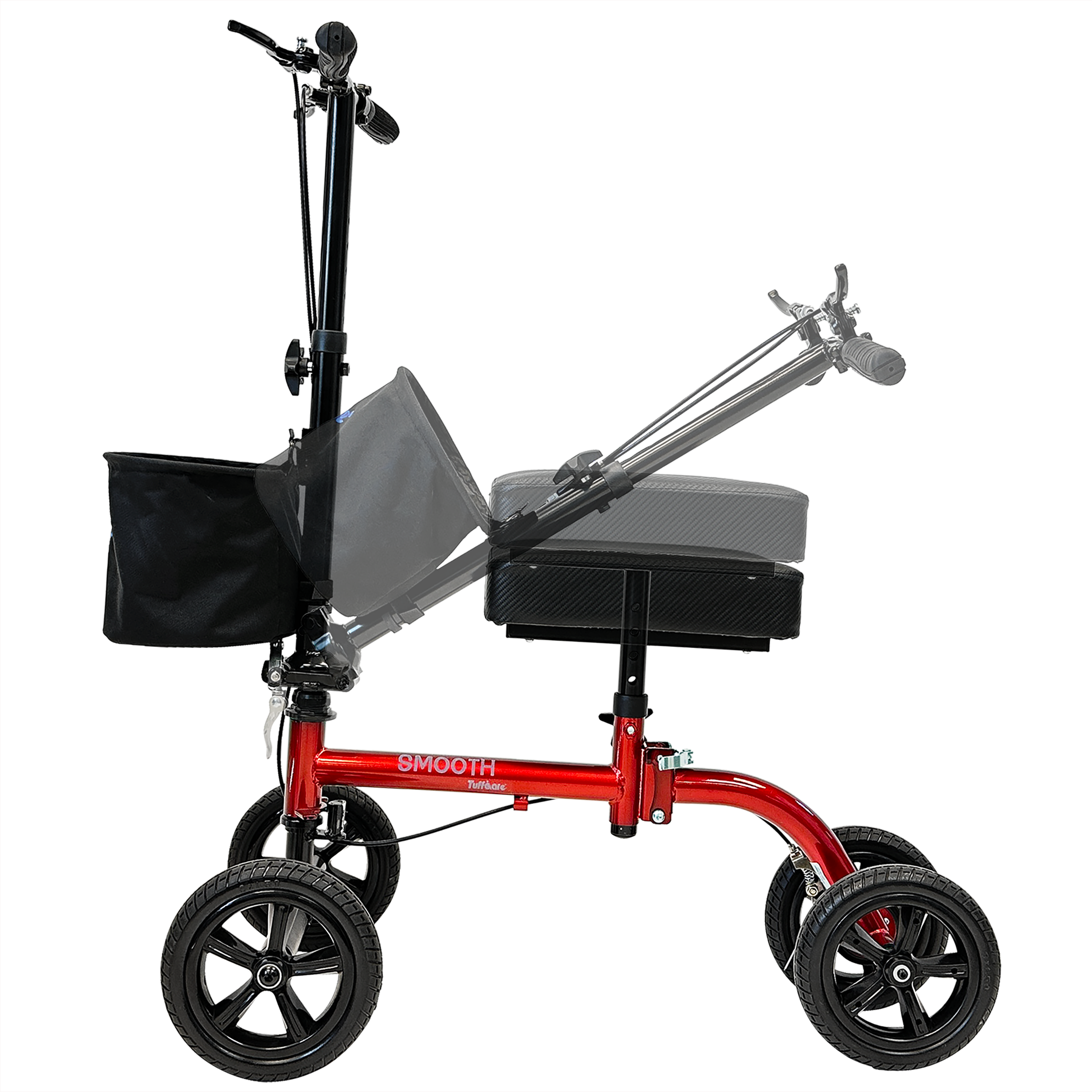 Tuffcare red steerable knee walker scooter adjustable and foldable handle and seat.