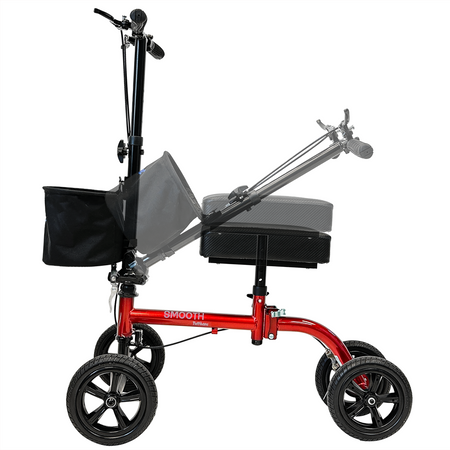 Tuffcare red steerable knee walker scooter adjustable and foldable handle and seat.