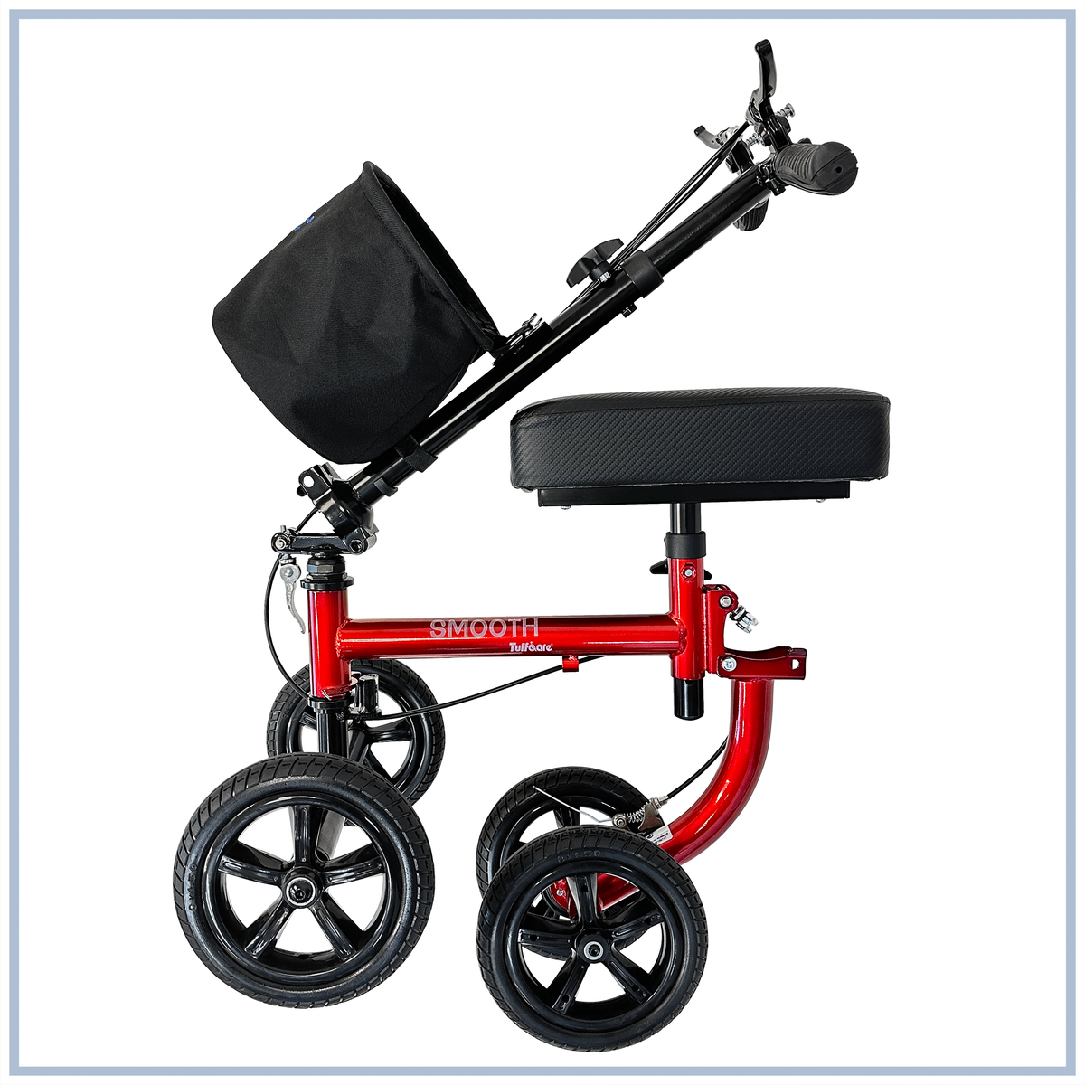 Tuffcare red steerable knee walker scooter fully folded to allow easy transportation.
