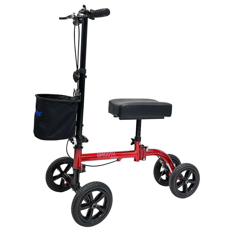 Tuffcare red steerable knee walker scooter with dual brakes and adjustable contoured knee platform, crutch alternative.