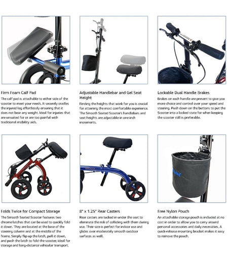 Tuffcare seated knee scooter features which include: foam calf pad, adjustable handlebar and seat height, dual handle brakes, foldable frame for compact storage, 8x1.25 inch rear casters, and free nylon pouch.