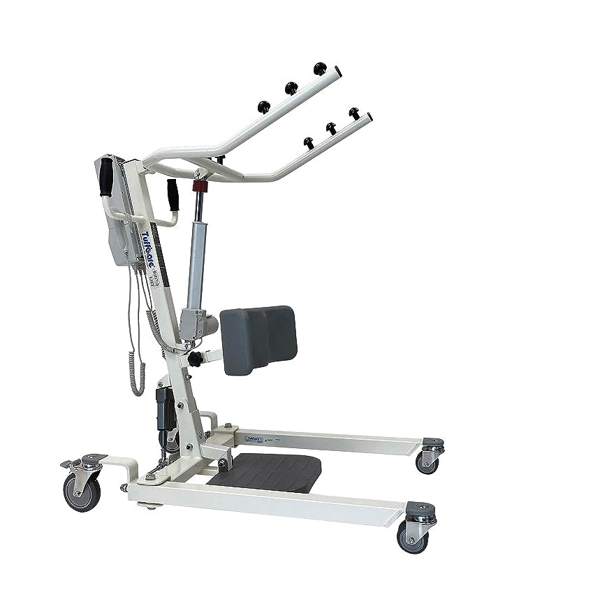 Tuffcare Rhino electric stand-up patient lift with non-slip footplate, 6-point lift arm, and 380 lb capacity.
