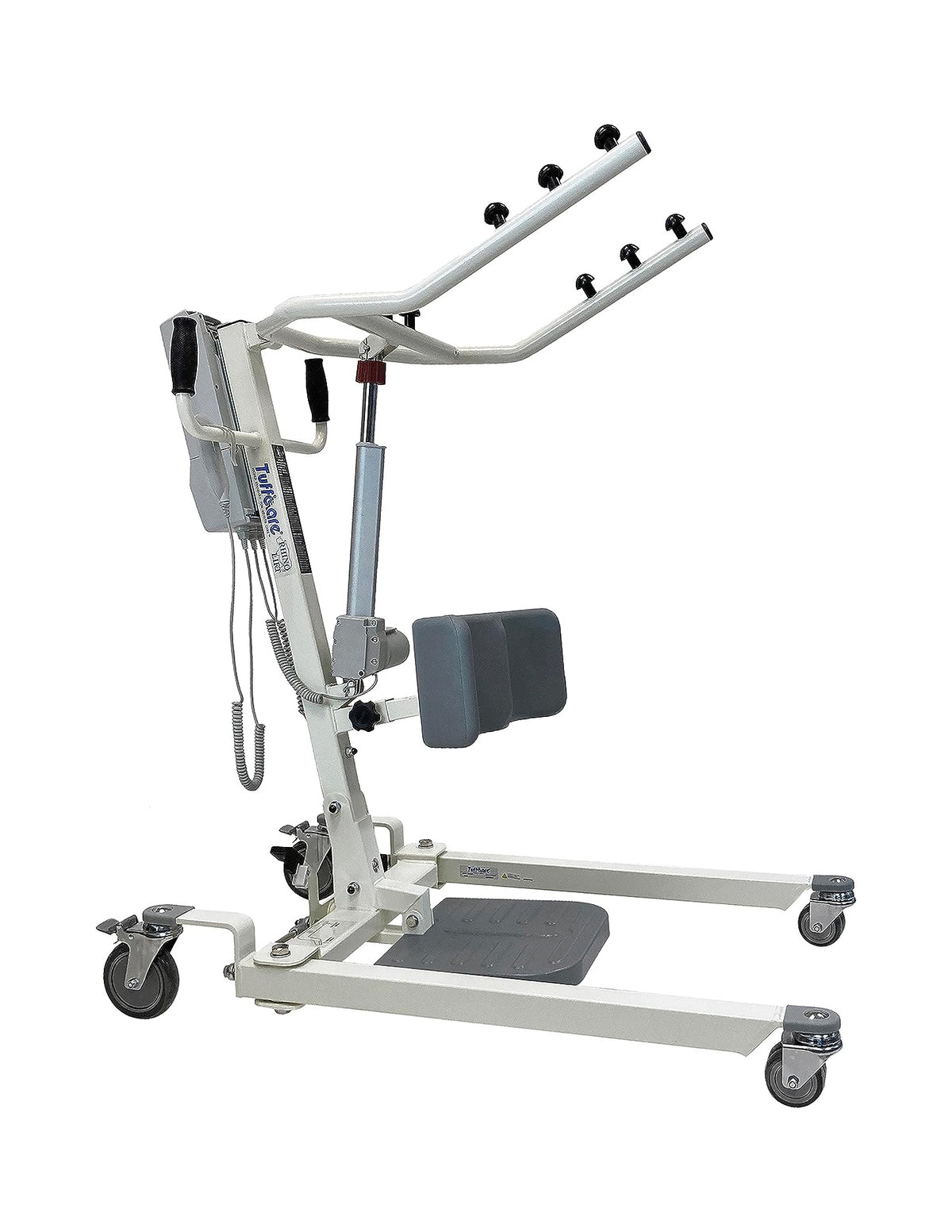 Tuffcare Rhino electric stand-up patient lift with non-slip footplate, 6-point lift arm, and 380 lb capacity.
