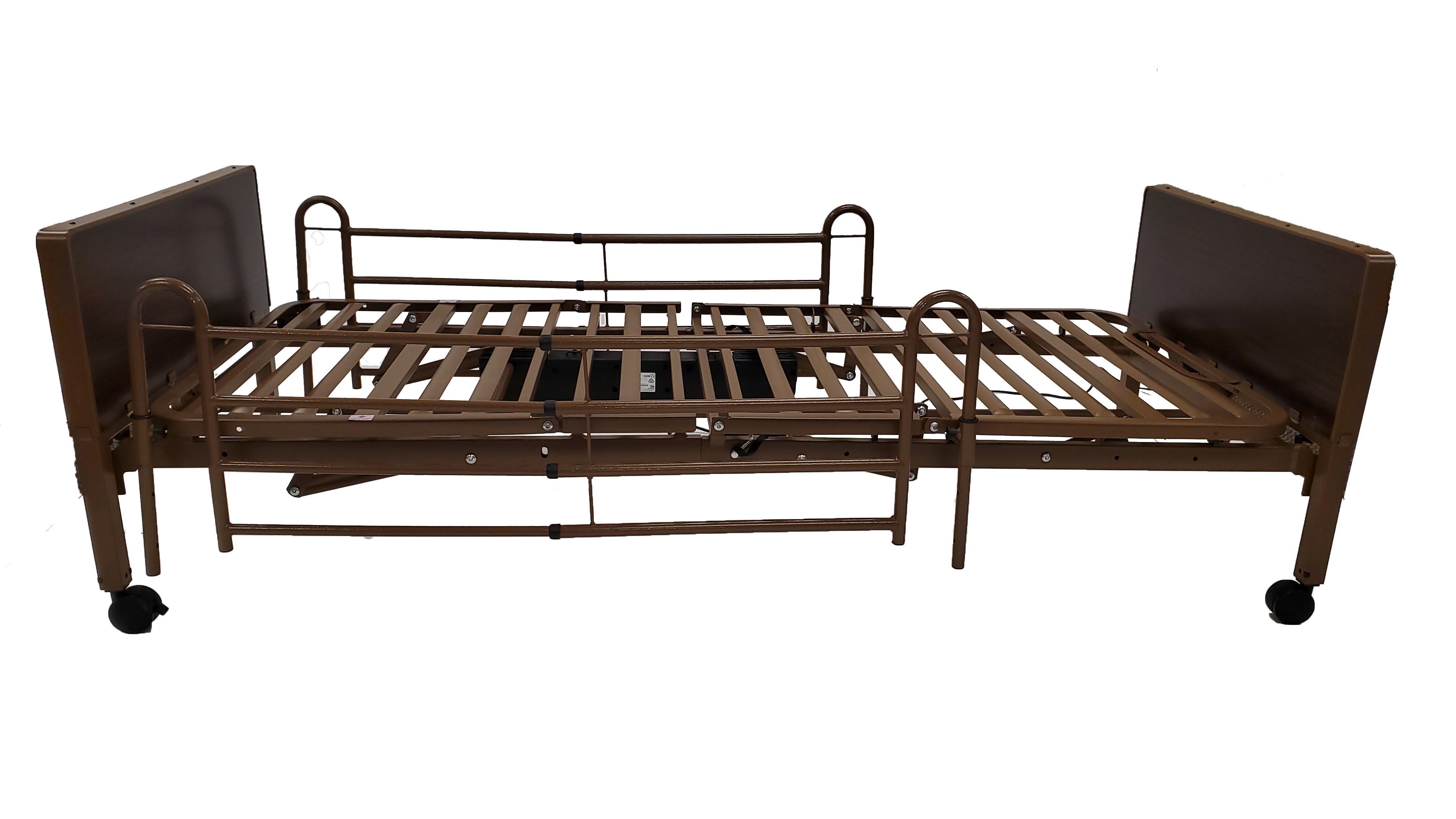 Semi-electric hospital bed with a brown semi-gloss frame, walnut grain head and foot boards, and detachable side rails. 