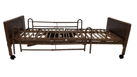 Semi-electric hospital bed with a brown semi-gloss frame, walnut grain head and foot boards, and detachable side rails. 