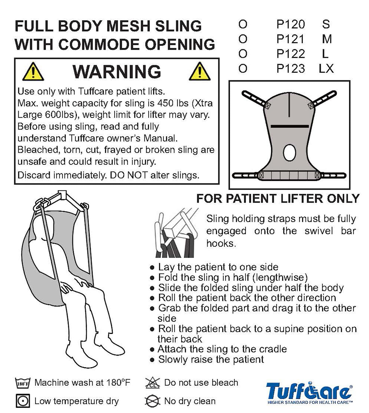 Instructional diagram for Tuffcare Full Body Mesh Slings P120-P123 with commode opening and 600 lb capacity