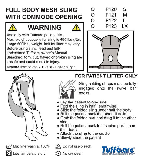 Instructional diagram for Tuffcare Full Body Mesh Slings P120-P123 with commode opening and 600 lb capacity